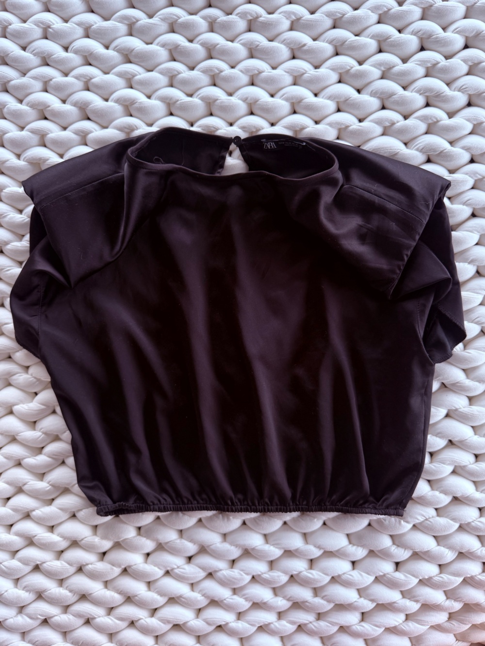 Zara Black Satin Padded Shoulder Short Sleeve Top